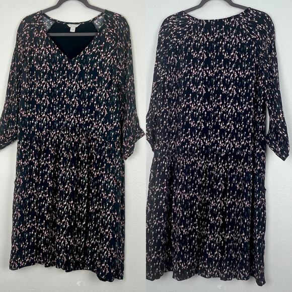 Garnet Hill | Boho Floral Navy Pink V Neck Drop Waist Midi Dress Modest 16 - Picture 1 of 9